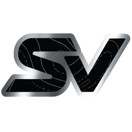 Metallic 'SV' logo on a white background