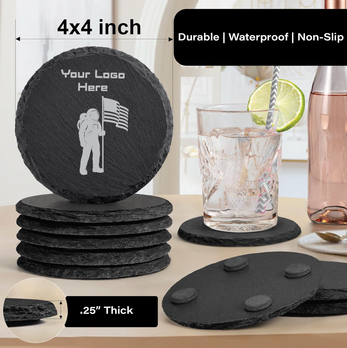 Custom 4" Round Laser-Engraved Slate Coasters