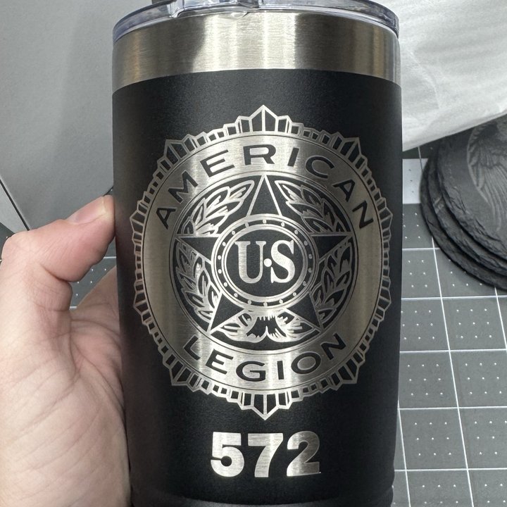 American Legion Post 572: Laser engraved 20oz tumbler sticker